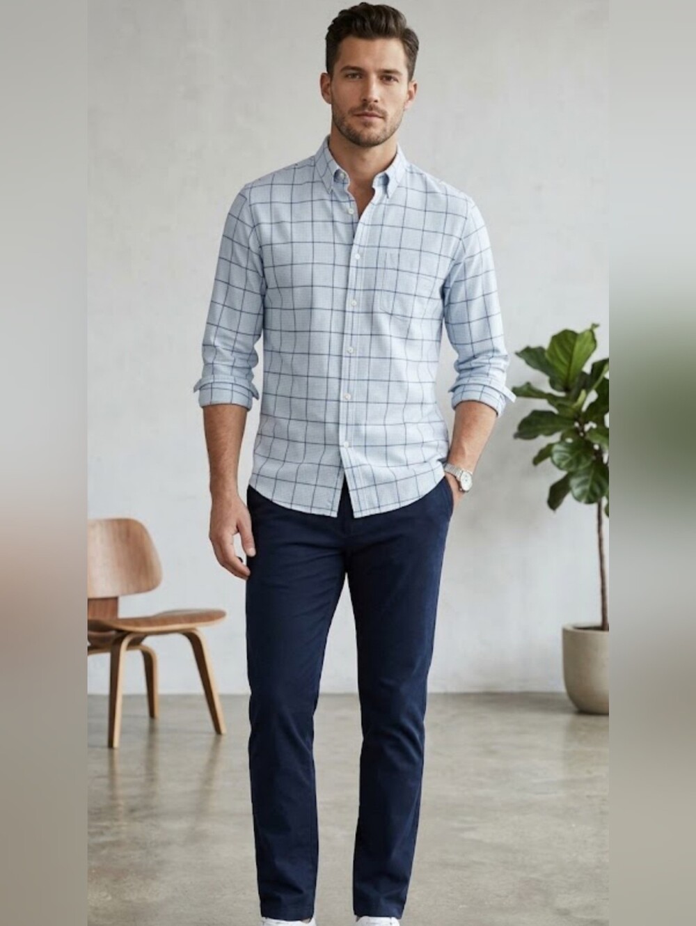 Club Monaco Mens Slim Fit Windowpane Flannel Shirt Blue XL
